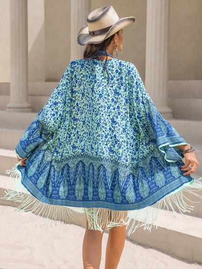 Hazel Blues® | Fringe Printed Open Front Cover-Up