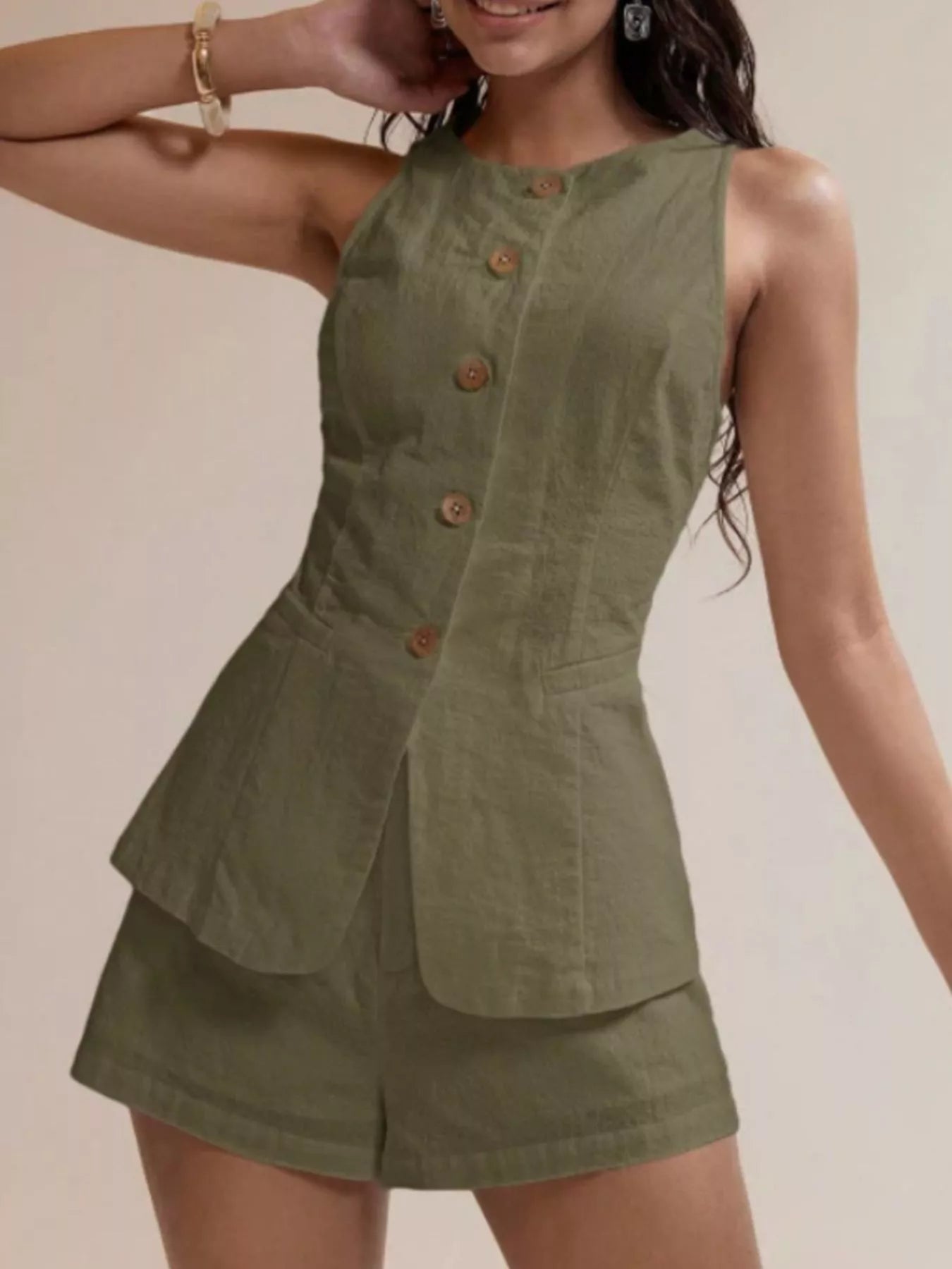 Hazel Blues® |  Button-Down Sleeveless Top and Shorts Set