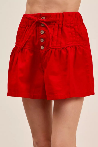Hazel Blues® |  SO ME Solid Twill Denim Pintucked Buttoned Shorts With Waist Tie