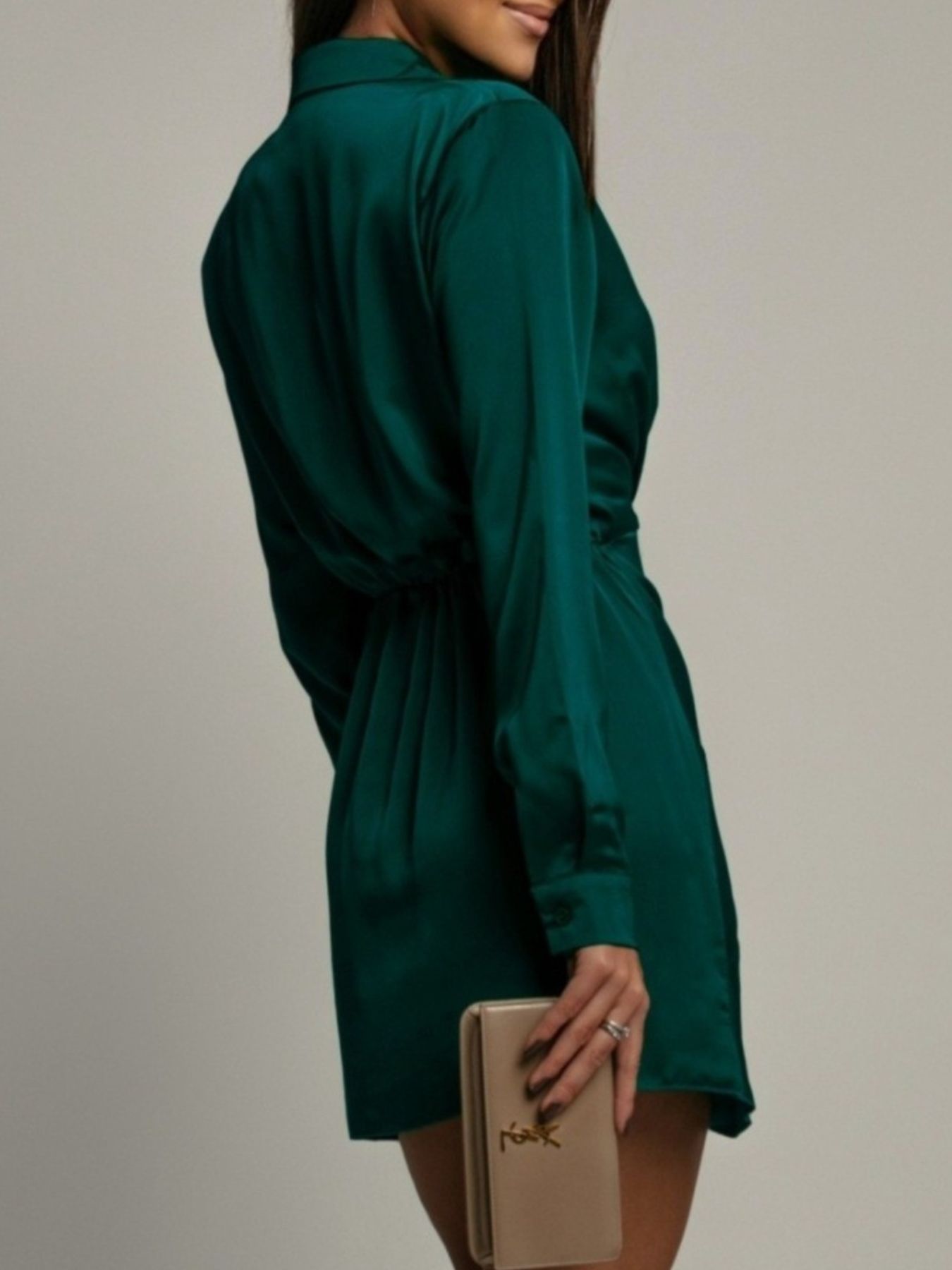 Hazel Blues® |  Collared Neck Long Sleeve Satin Dress