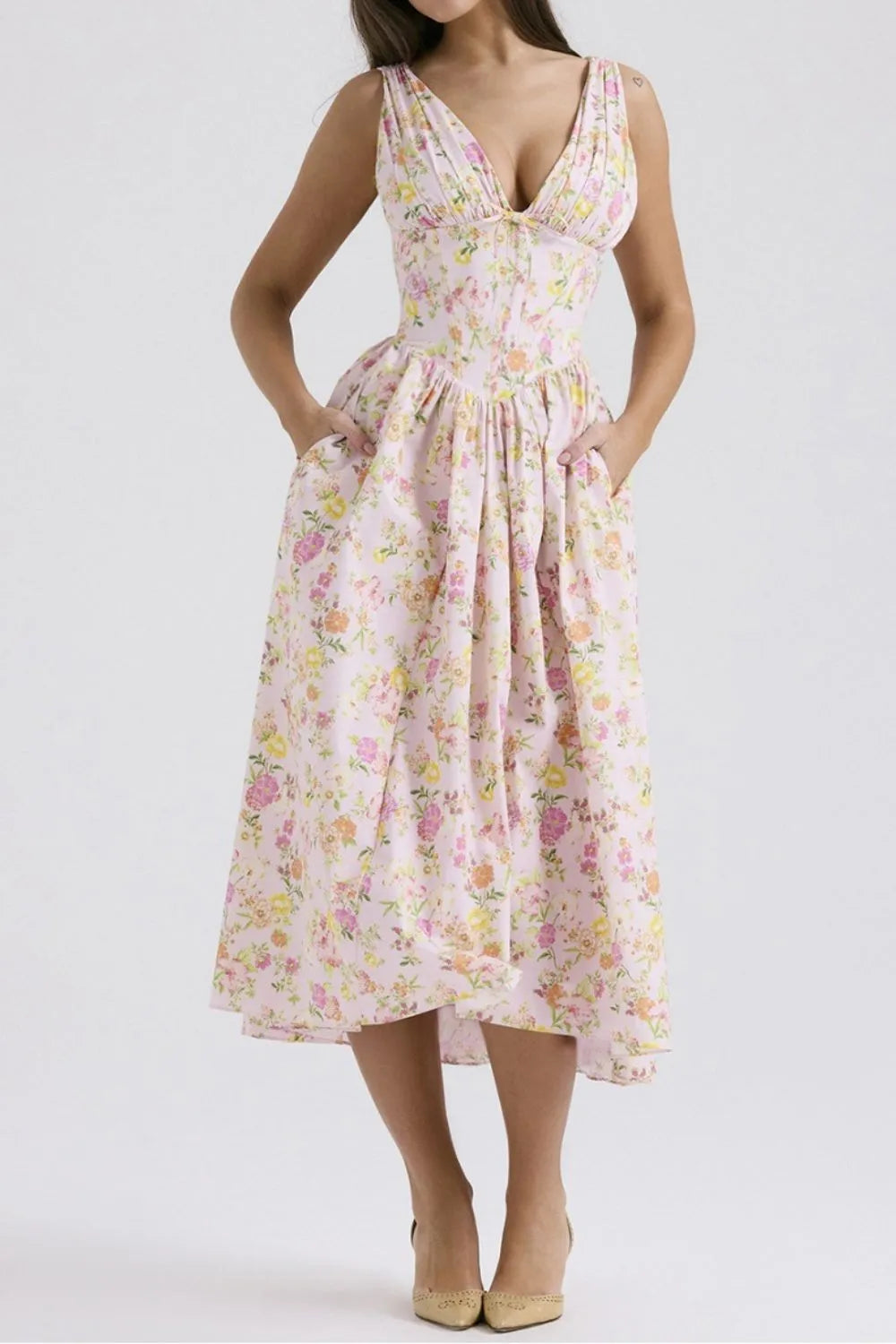 Hazel Blues® |  Floral V-Neck Sleeveless Midi Dress with Pockets