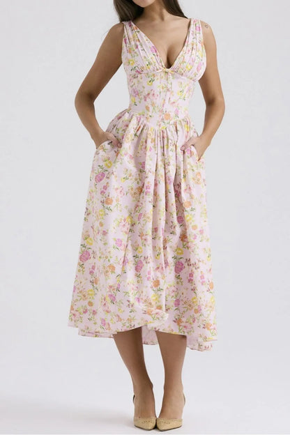 Hazel Blues® |  Floral V-Neck Sleeveless Midi Dress with Pockets