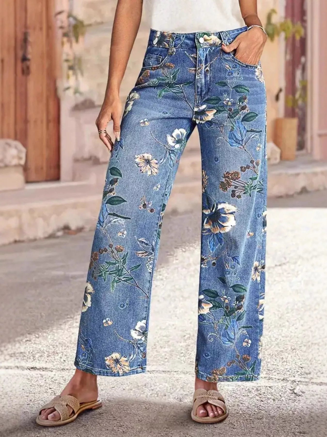 Hazel Blues® |  Floral Print Wide Leg Jeans