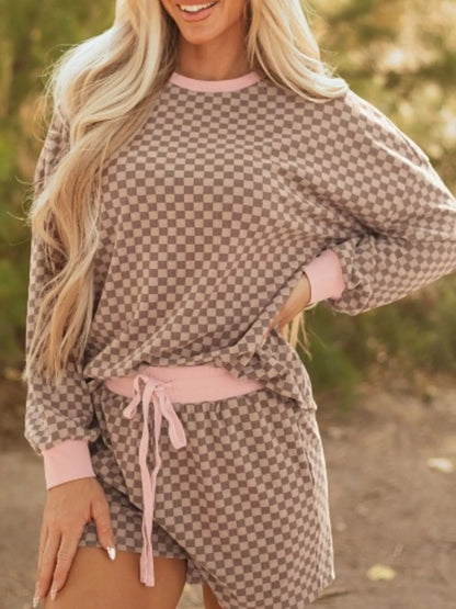 Hazel Blues® |  Checkerboard Long Sleeve Pullover and Shorts Set