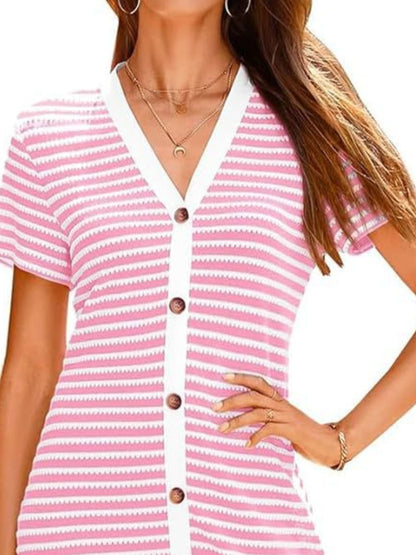 Hazel Blues® |  Contrast Striped V-Neck Short Sleeve Midi Dress