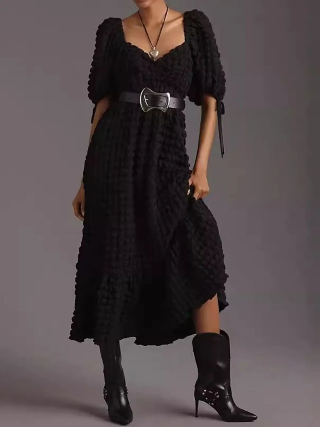 Hazel Blues® |  Textured Sweetheart Neck Short Sleeve Dress