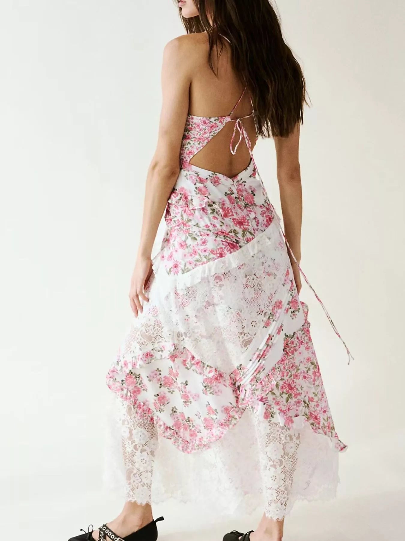 Hazel Blues® |  Lace Floral Print Ruffle Trim Maxi Dress