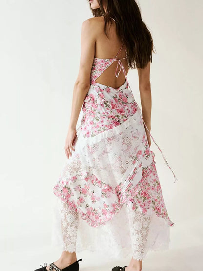 Hazel Blues® |  Lace Floral Print Ruffle Trim Maxi Dress