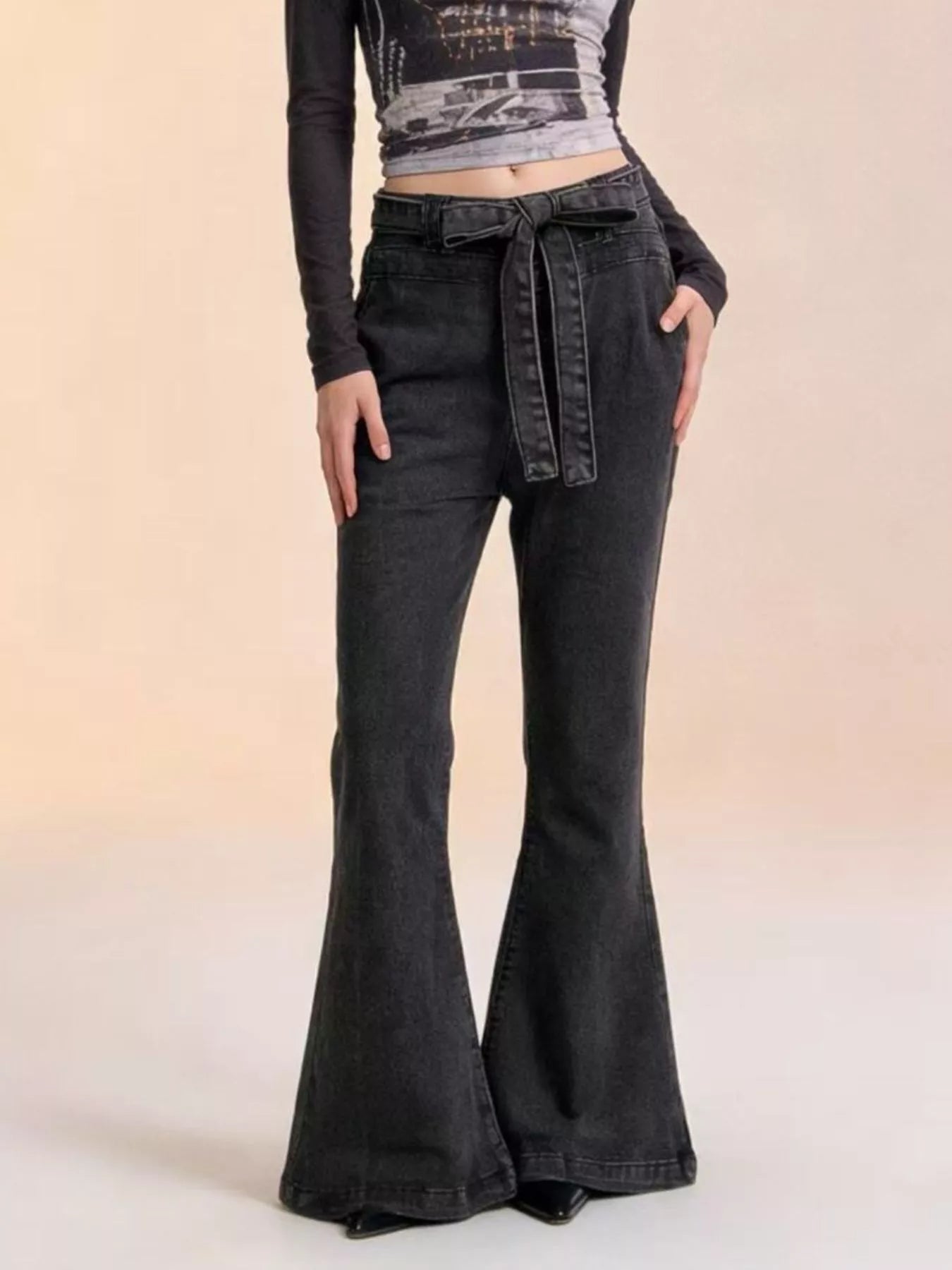 Hazel Blues® |  Bow-Tie High-Waisted Flare Jeans