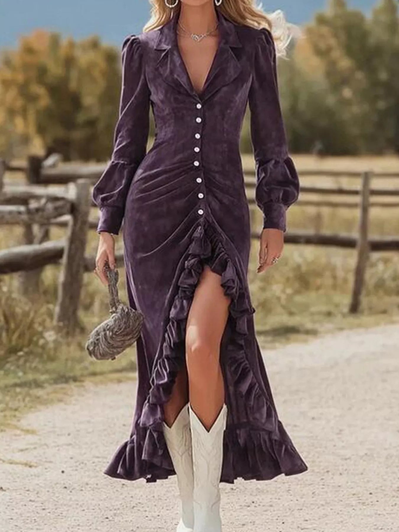 Hazel Blues® |  Velvet Ruffle Slit Midi Dress