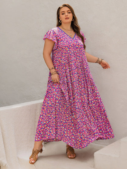 Hazel Blues® | Printed V-Neck Flutter Sleeve Tie Waist Maxi Dress