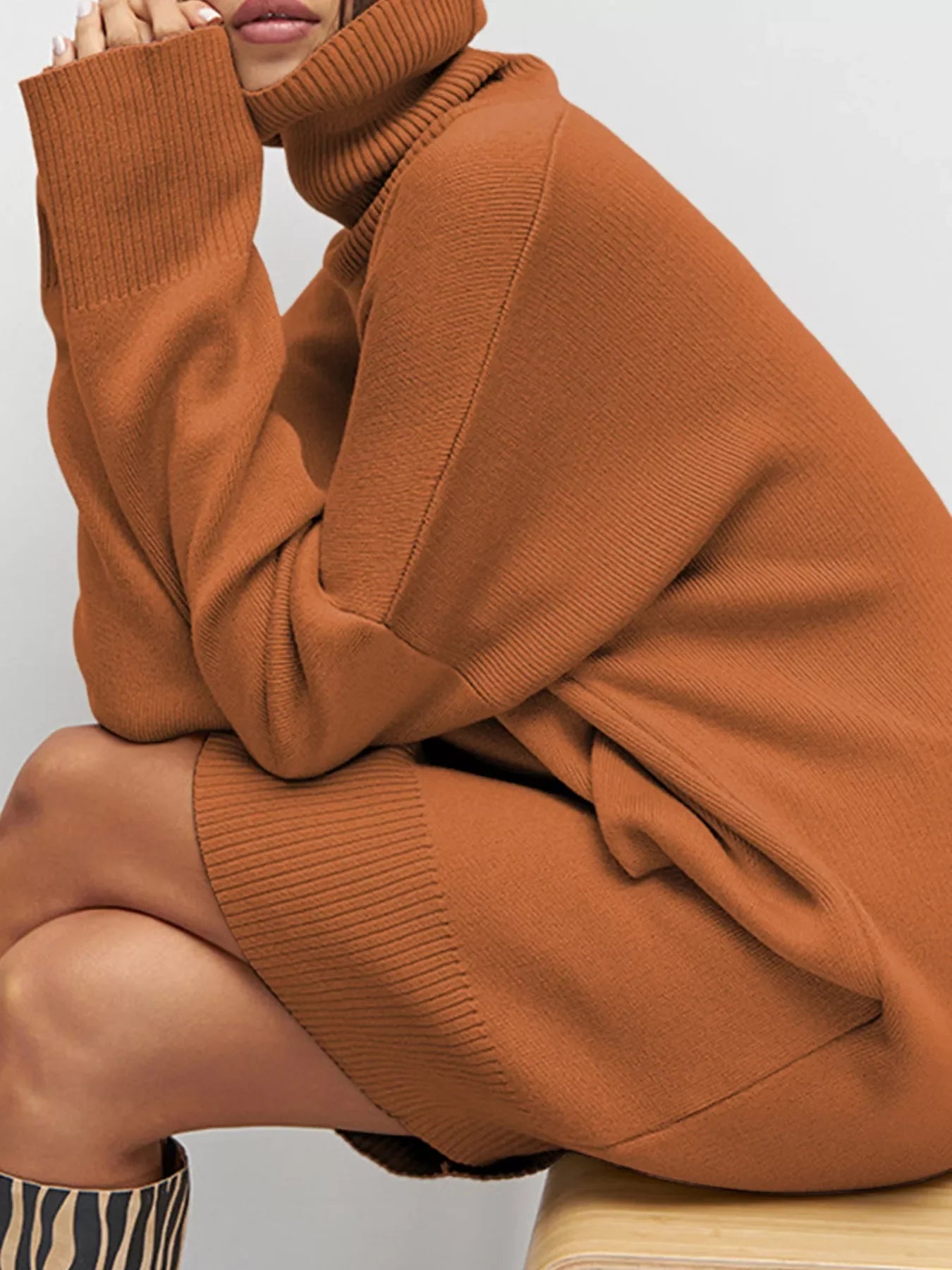 Hazel Blues® |  Solid Color Turtleneck Drop Shoulder Loose Sweater Dress