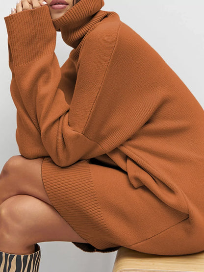 Hazel Blues® |  Solid Color Turtleneck Drop Shoulder Loose Sweater Dress
