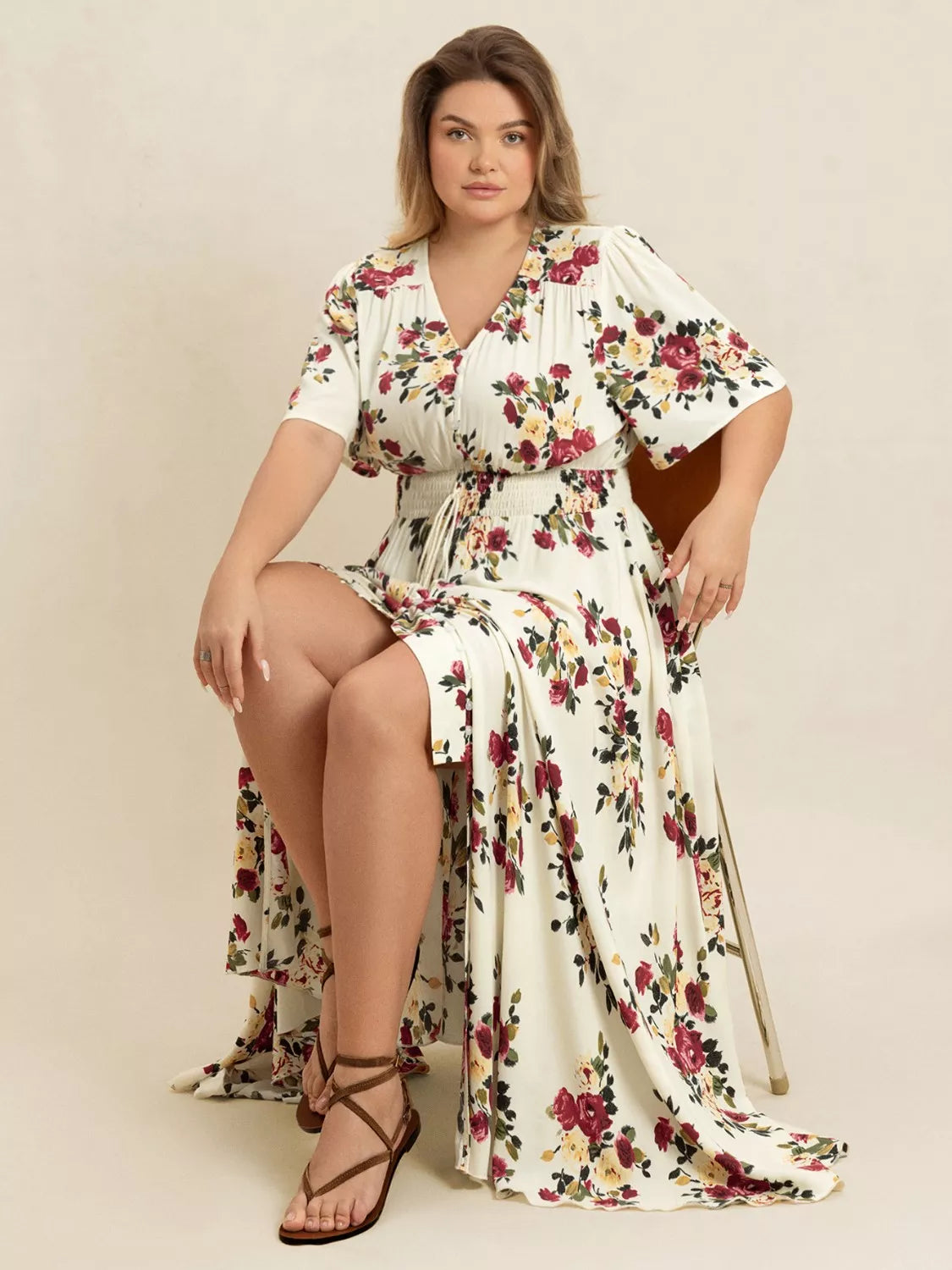 Hazel Blues® | Floral Flutter Sleeve Maxi Dress with Button Front