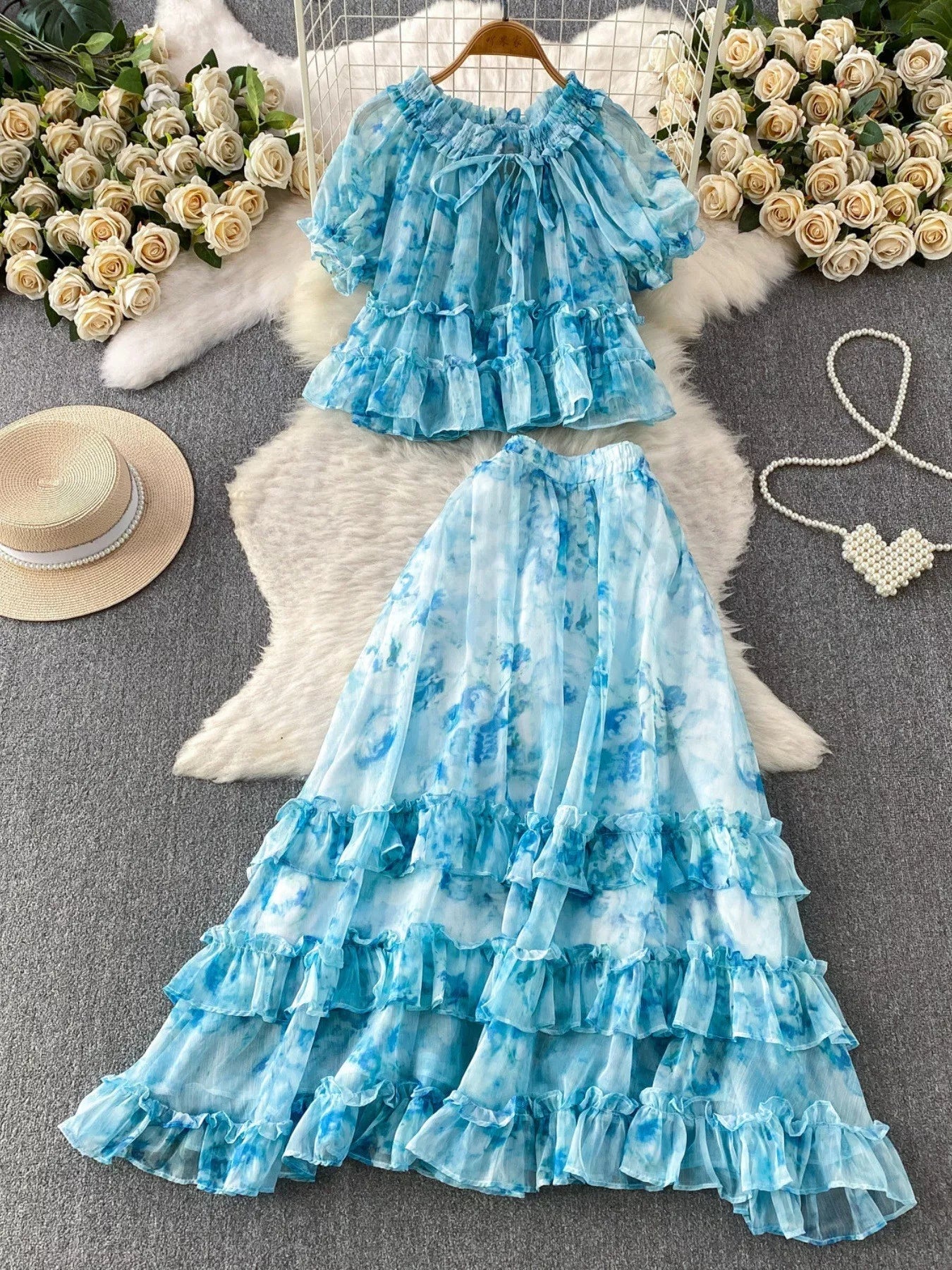 Hazel Blues® |  Floral Print Ruffle Hem Blouse and Skirt Set