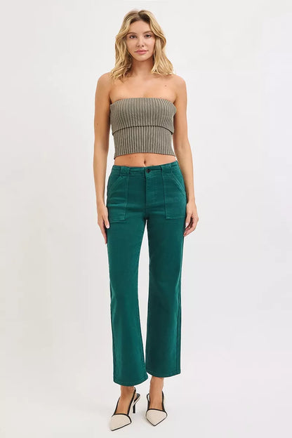 Hazel Blues® |  RISEN High Rise Ankle Flare Patch Pocket Jeans