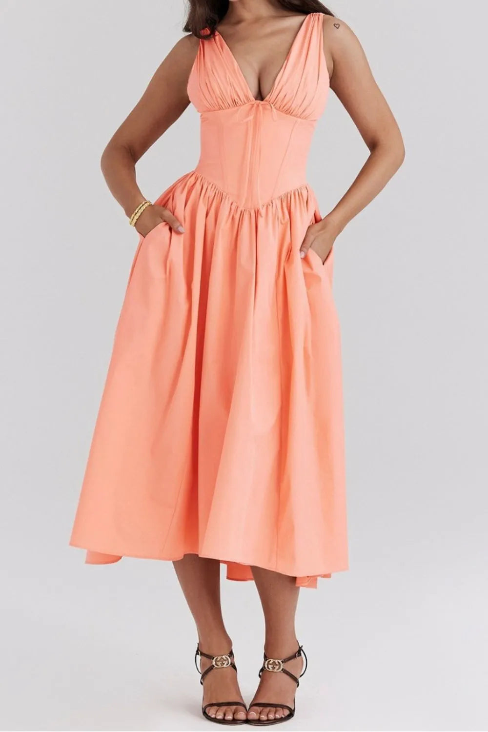 Hazel Blues® |  Ruched V-Neck Sleeveless Dress with Pockets
