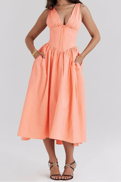 Hazel Blues® |  Ruched V-Neck Sleeveless Dress with Pockets