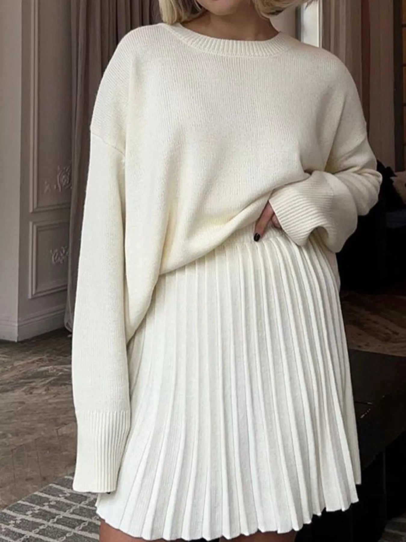 Hazel Blues® |  Round Neck Top and Pleated Skirt Sweater Set