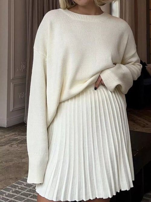 Hazel Blues® |  Round Neck Top and Pleated Skirt Sweater Set