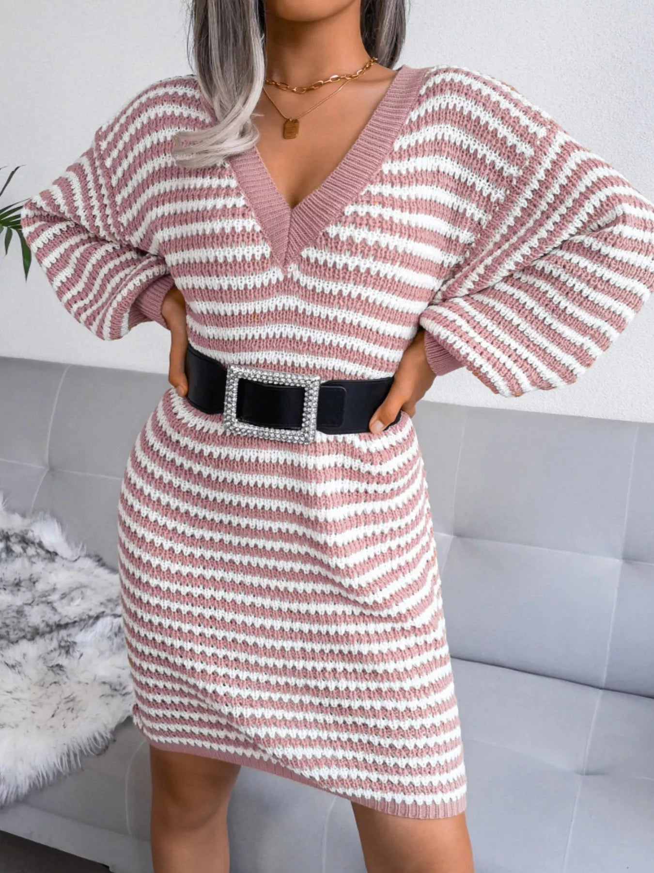 Hazel Blues® |  Striped V-Neck Long Sleeve Sweater Dress