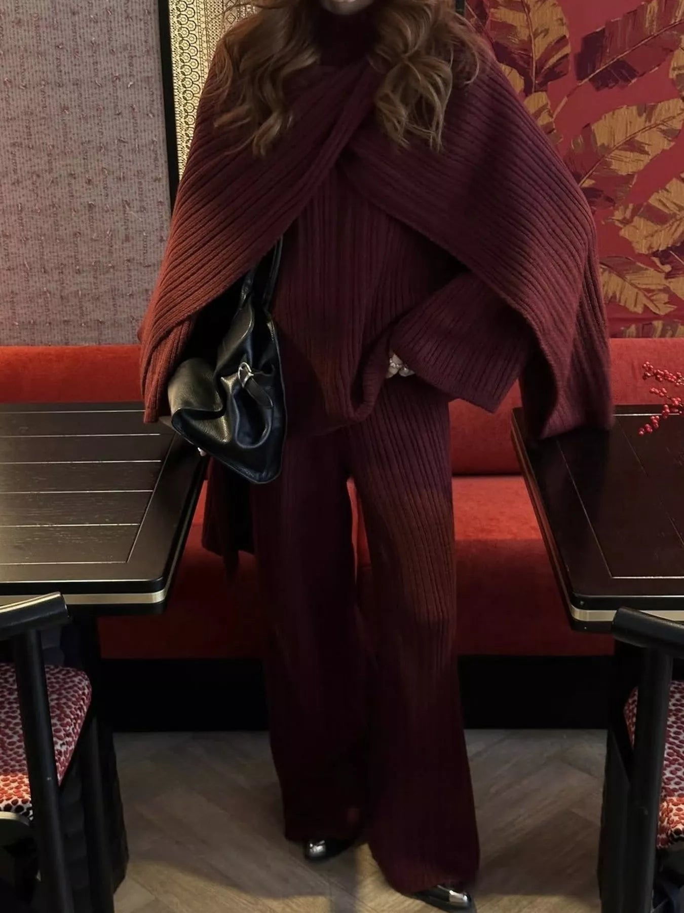 Hazel Blues® |  3-Piece Crew Neck Ribbed Sweater and Wide-Leg Pants Set with Scarf