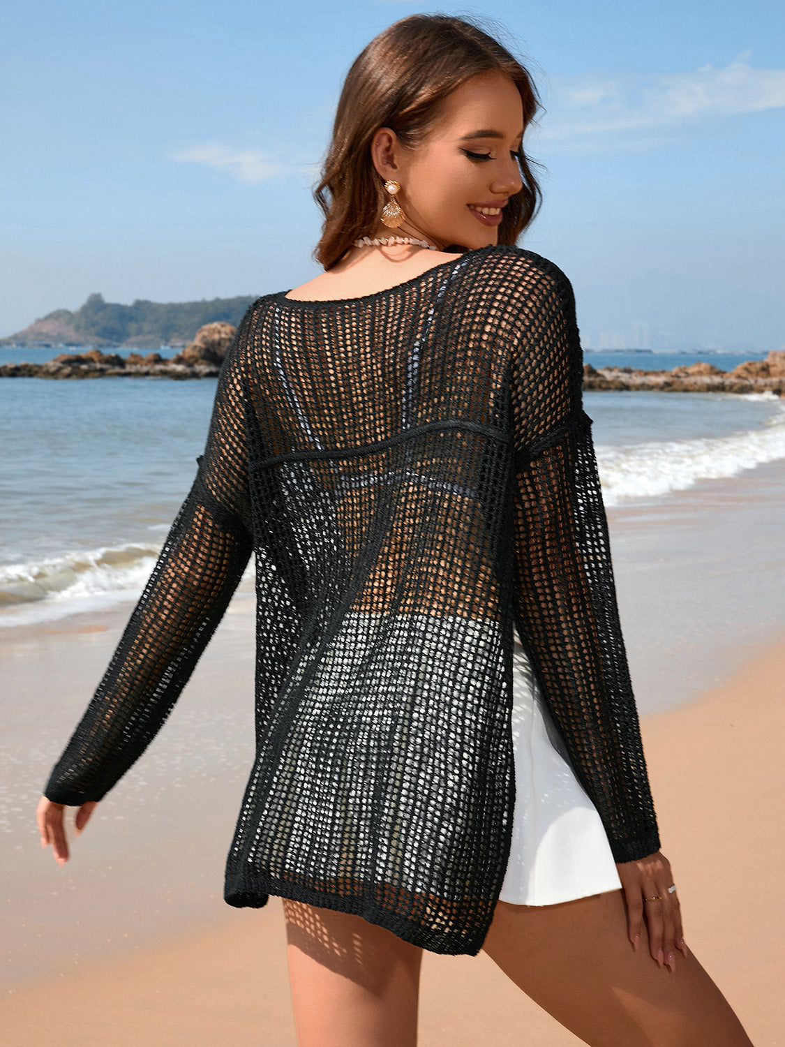 Hazel Blues® | Openwork Slit Boat Neck Long Sleeve Cover-Up