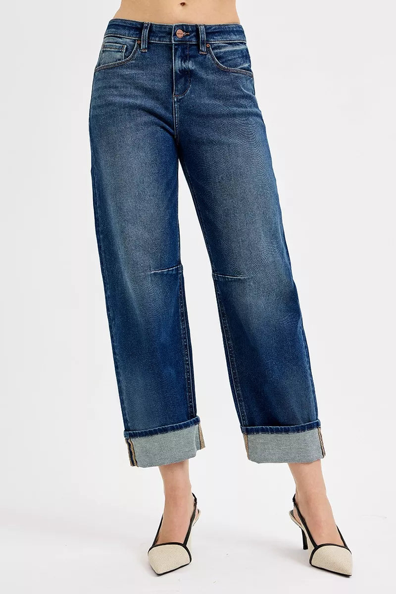 Hazel Blues® |  RISEN Slouchy Crop Barrel Cuffed Jeans