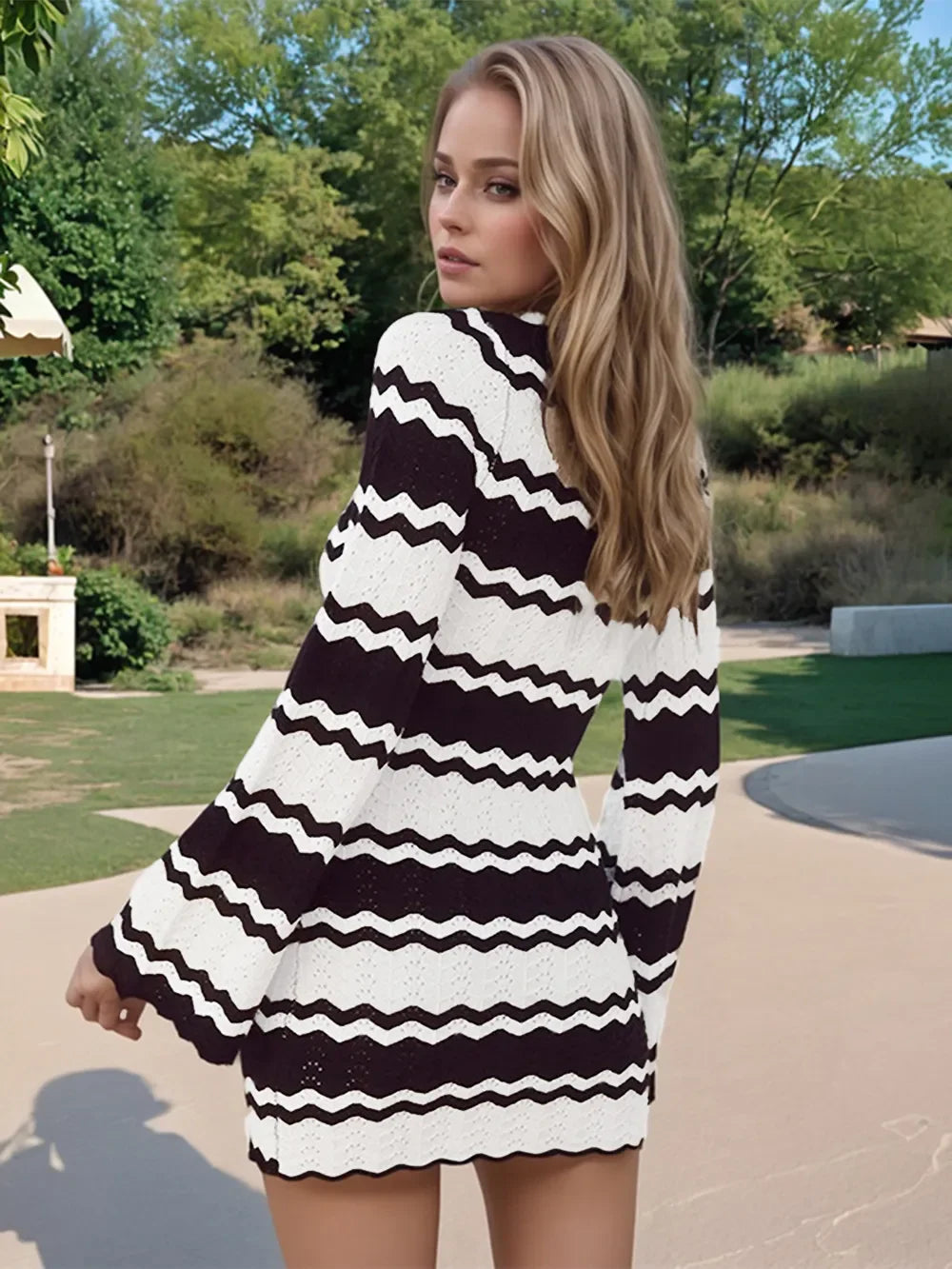 Hazel Blues® | Wavy Striped Tied Front Long Sleeve Cover-Up Dress