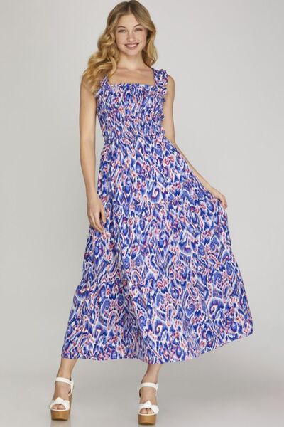 Hazel Blues® | She + Sky Smocked Printed Wide Strap Tiered Dress