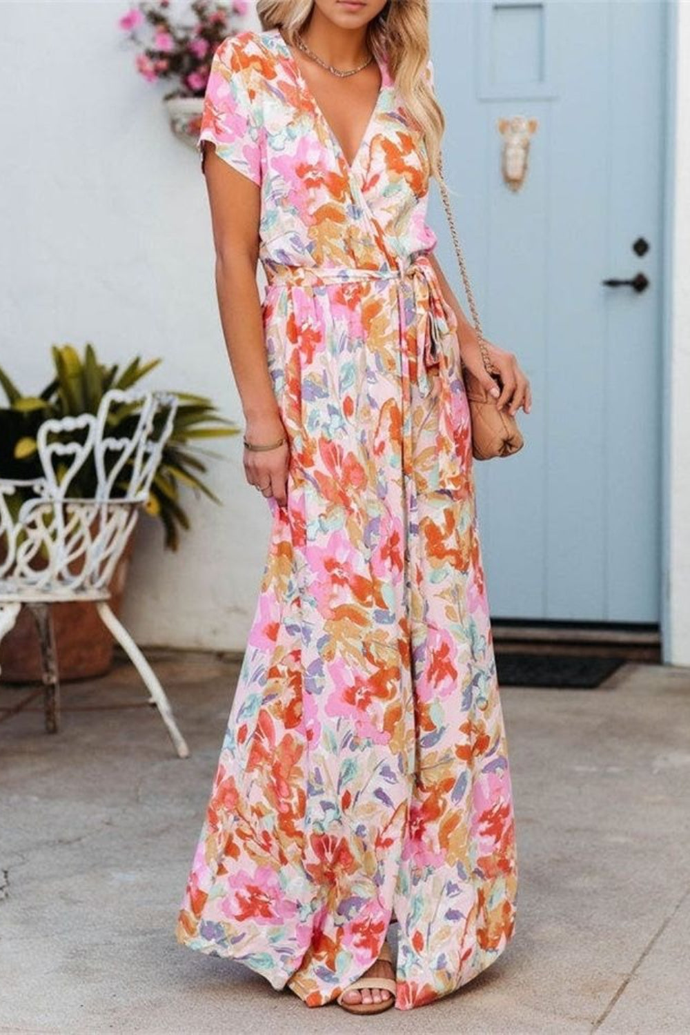 Hazel Blues® |  Printed Surplice Short Sleeve Tie Waist Maxi Dress
