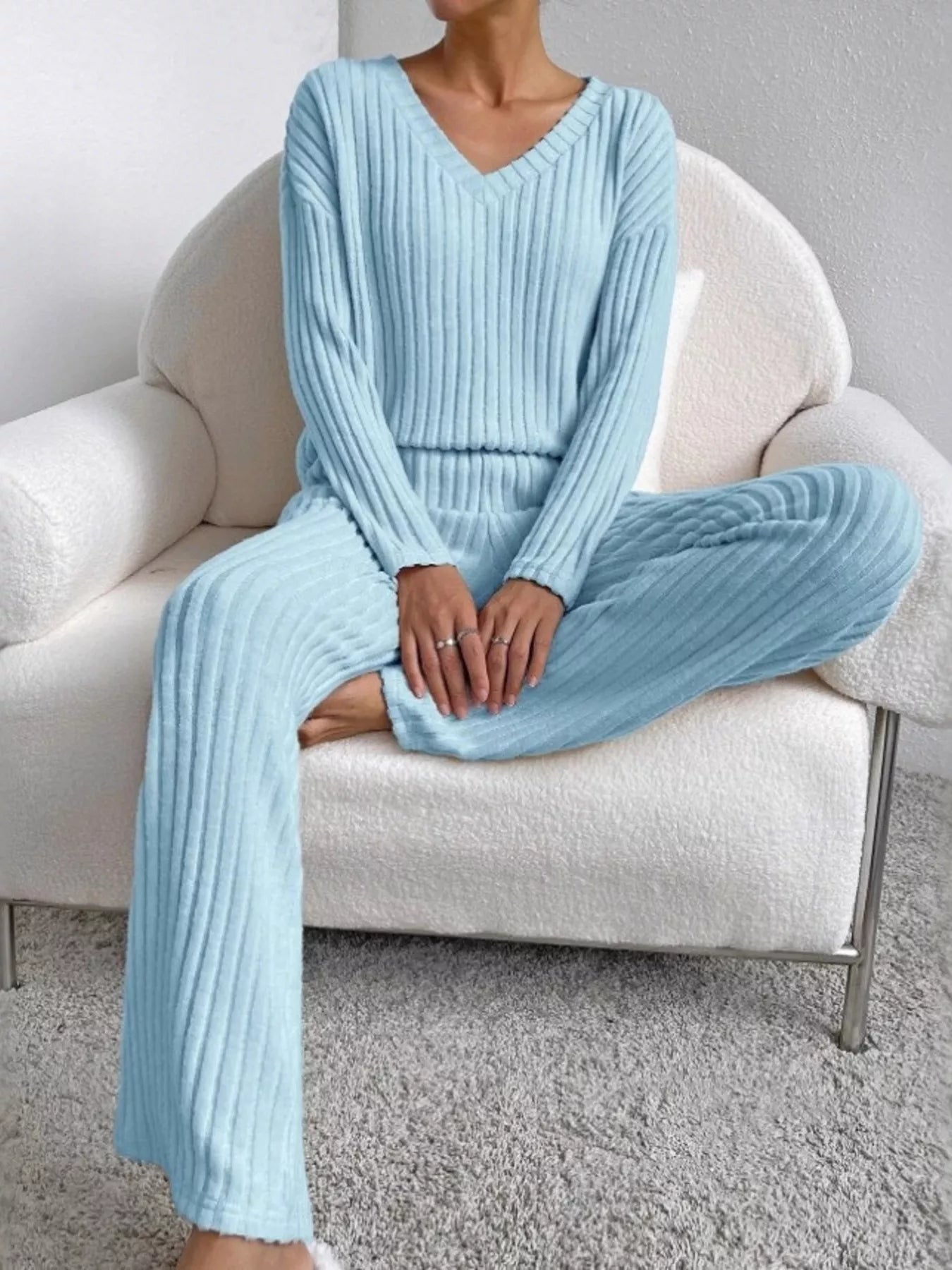 Hazel Blues® |  Ribbed Knit V-Neck Top and Pants Set