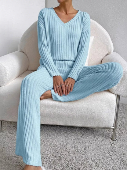 Hazel Blues® |  Ribbed Knit V-Neck Top and Pants Set