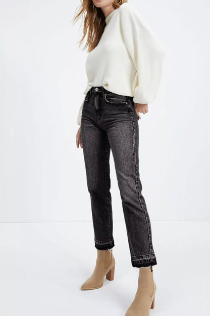 Hazel Blues® |  High-Waisted Distressed Hem Straight Leg Jeans