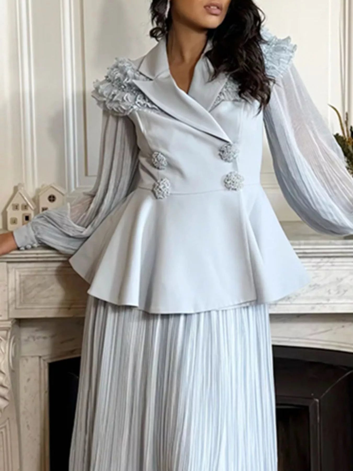 Hazel Blues® |  Frill Lapel Collar Top and Pleated Skirt Set