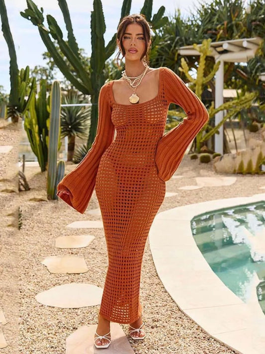 Hazel Blues® | Openwork Square Neck Flare Sleeve Cover-Up Dress