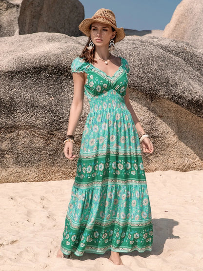 Hazel Blues® |  Smocked Printed V-Neck Dress