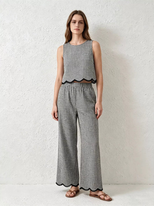 Hazel Blues® |  Plaid Scalloped Trim Tank and Pants Set