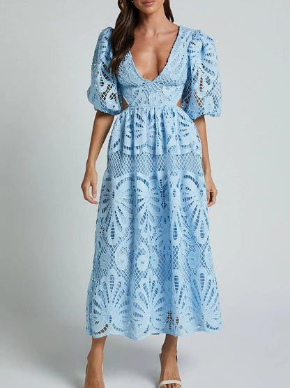 Hazel Blues® |  Cutout Back Lace Crochet V-Neck Dress