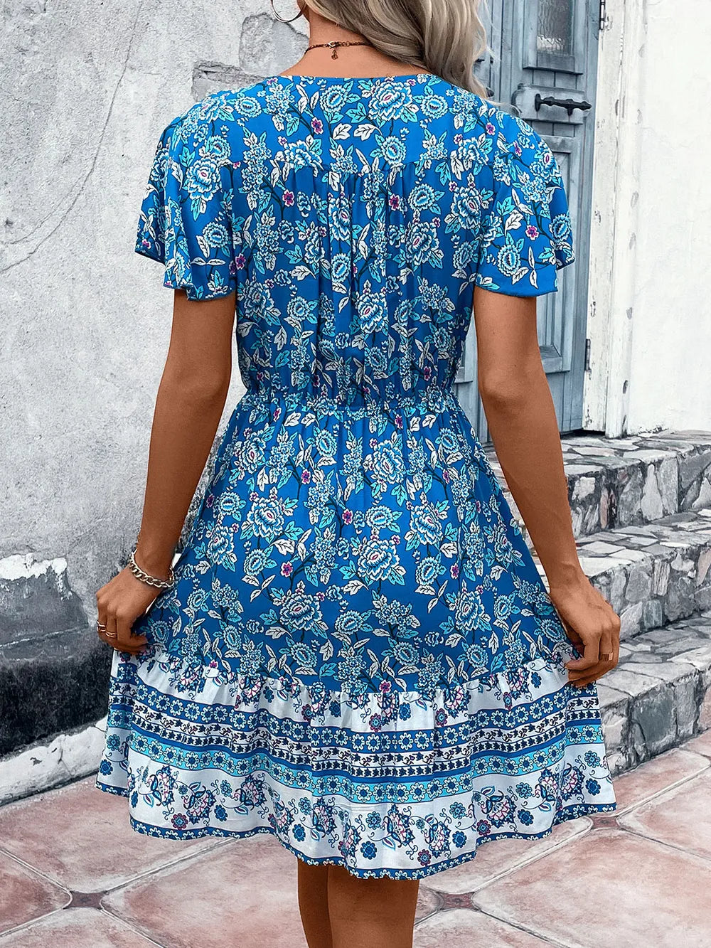 Hazel Blues® |  Perfee Printed V-Neck Flutter Sleeve Mini Dress