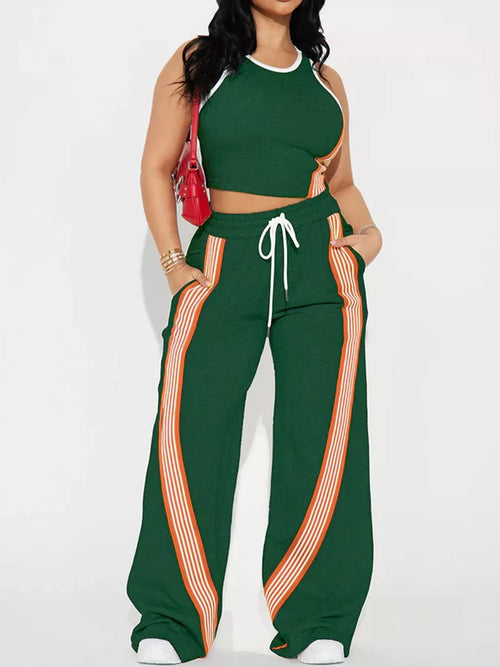Hazel Blues® |  Striped Detail Top and Drawstring Pants Set