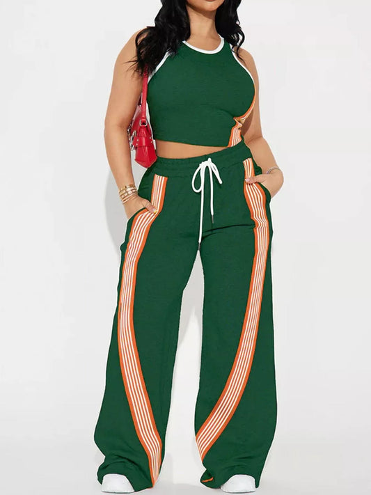 Hazel Blues® |  Striped Detail Top and Drawstring Pants Set