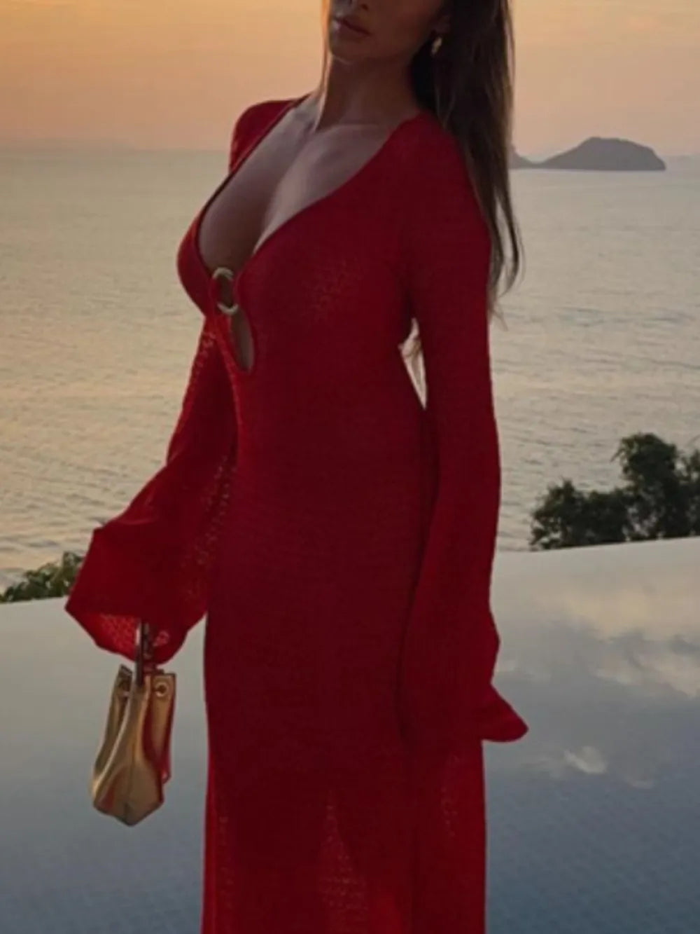 Hazel Blues® | Slit Plunge Flare Sleeve Cover-Up Dress