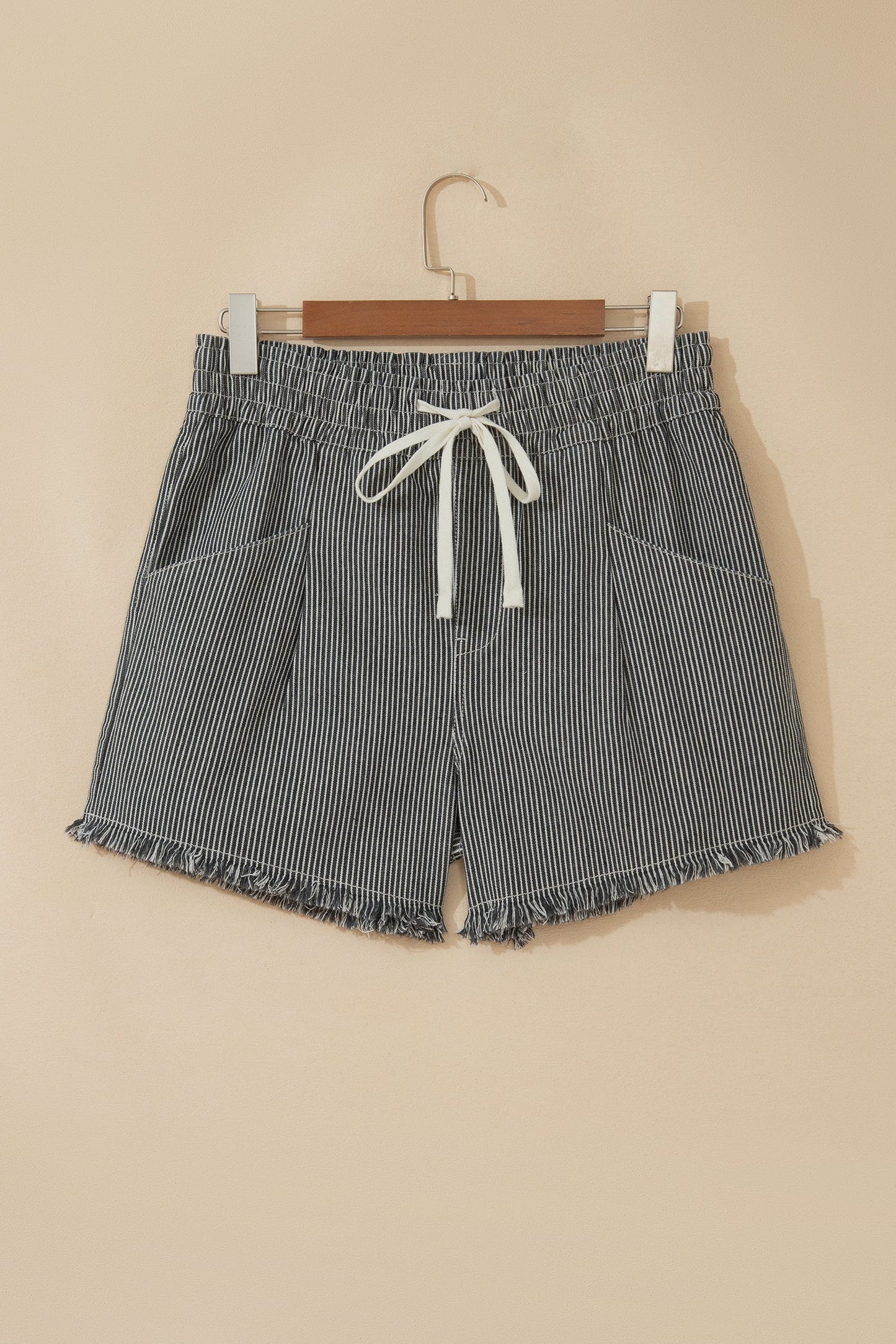 Hazel Blues® |  Black Stripe Raw Edge Drawstring Elastic Waist Casual Denim Shorts