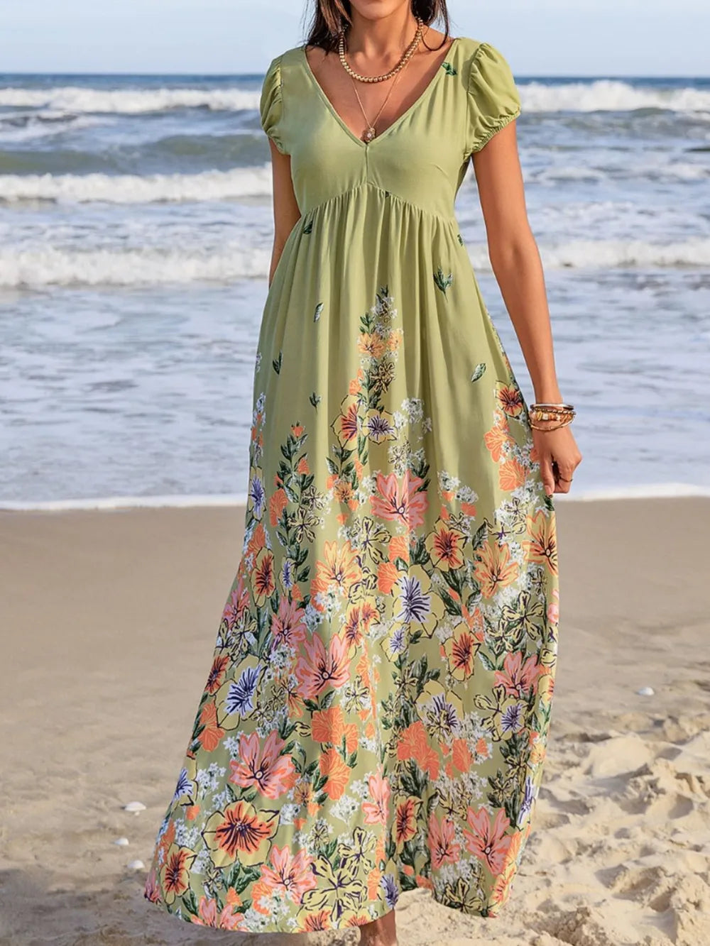 Hazel Blues® |  Backless Printed V-Neck Short Sleeve Maxi Dress