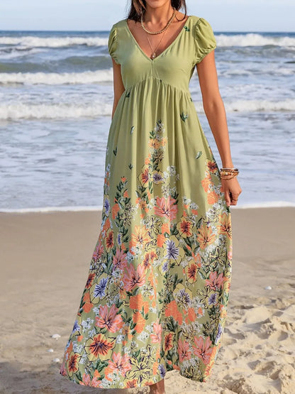 Hazel Blues® |  Backless Printed V-Neck Short Sleeve Maxi Dress