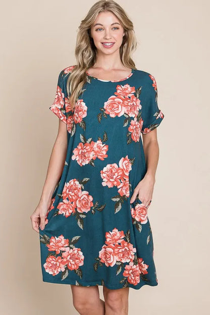 Hazel Blues® |  BOMBOM Floral Round Neck Short Tee Dress with Pockets
