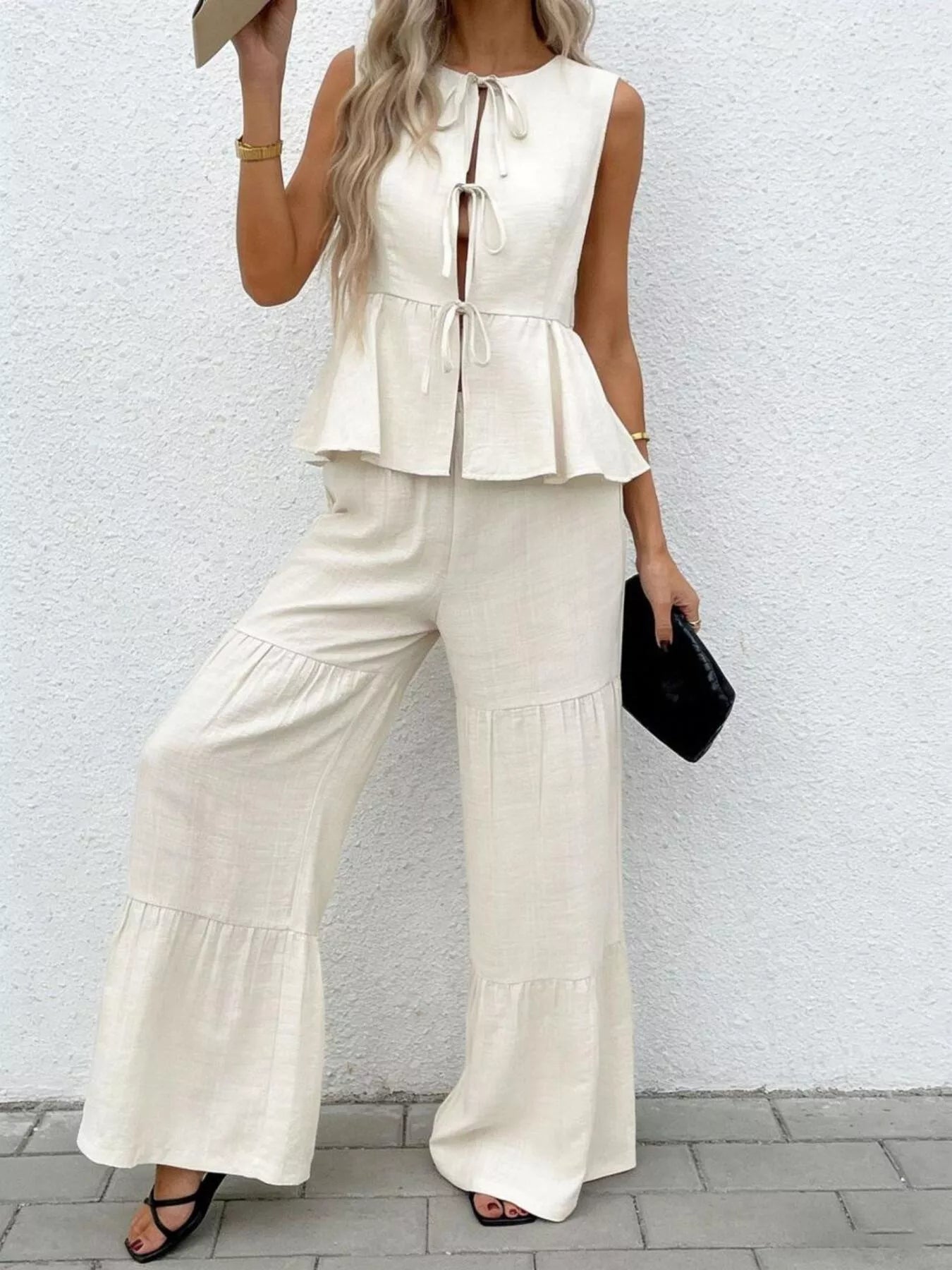 Hazel Blues® |  Sleeveless Tie-Front Top and Wide Leg Pants Set