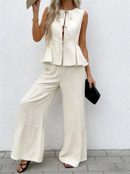 Hazel Blues® |  Sleeveless Tie-Front Top and Wide Leg Pants Set