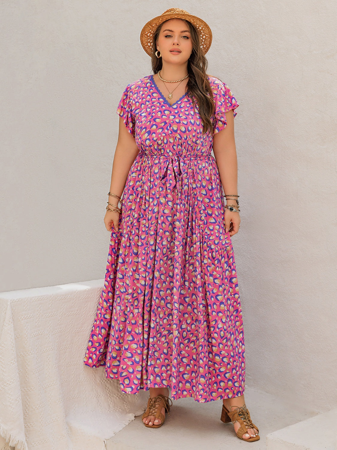 Hazel Blues® | Printed V-Neck Flutter Sleeve Tie Waist Maxi Dress